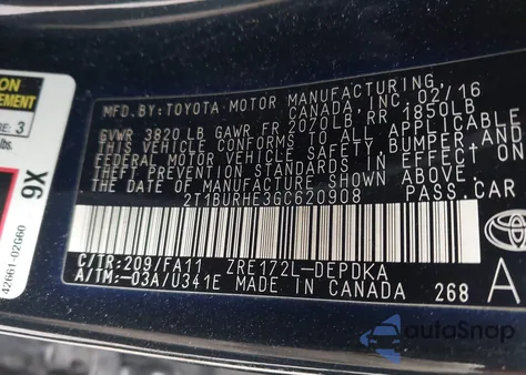 2016 Toyota Corolla L из США, поврежденный, VIN 2T1BURHE3GC620908